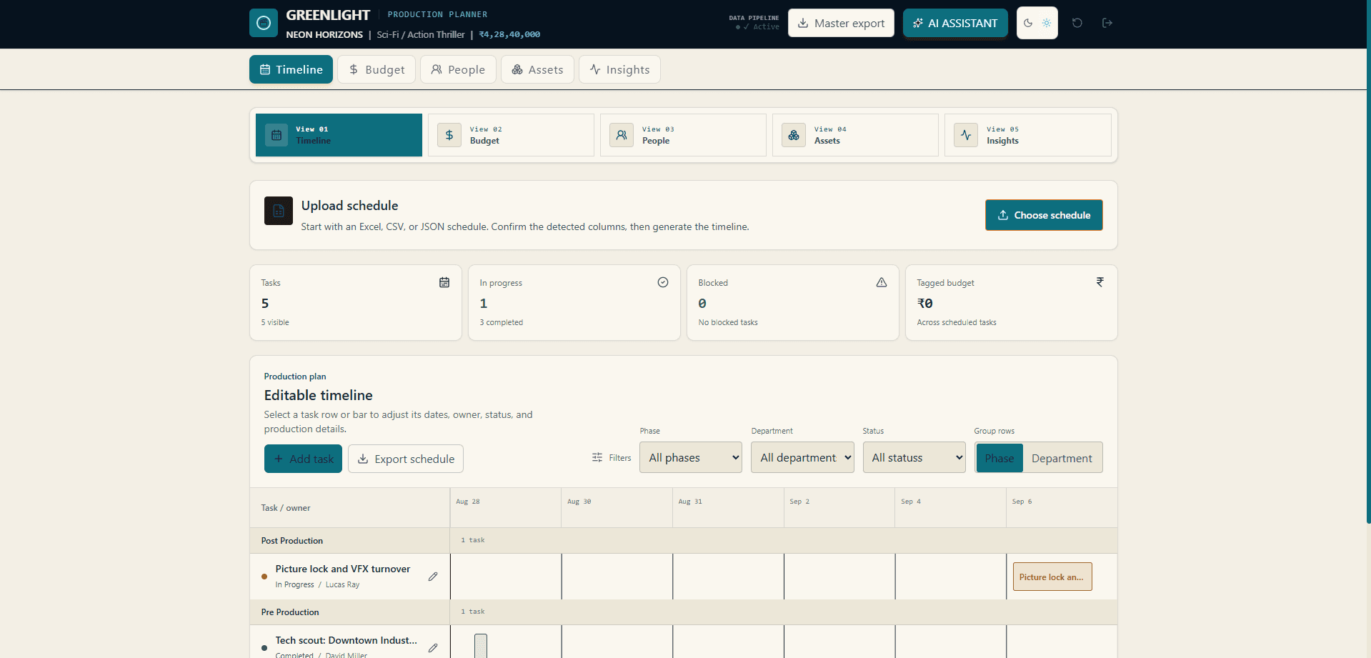 Greenlight editable production timeline and schedule workspace