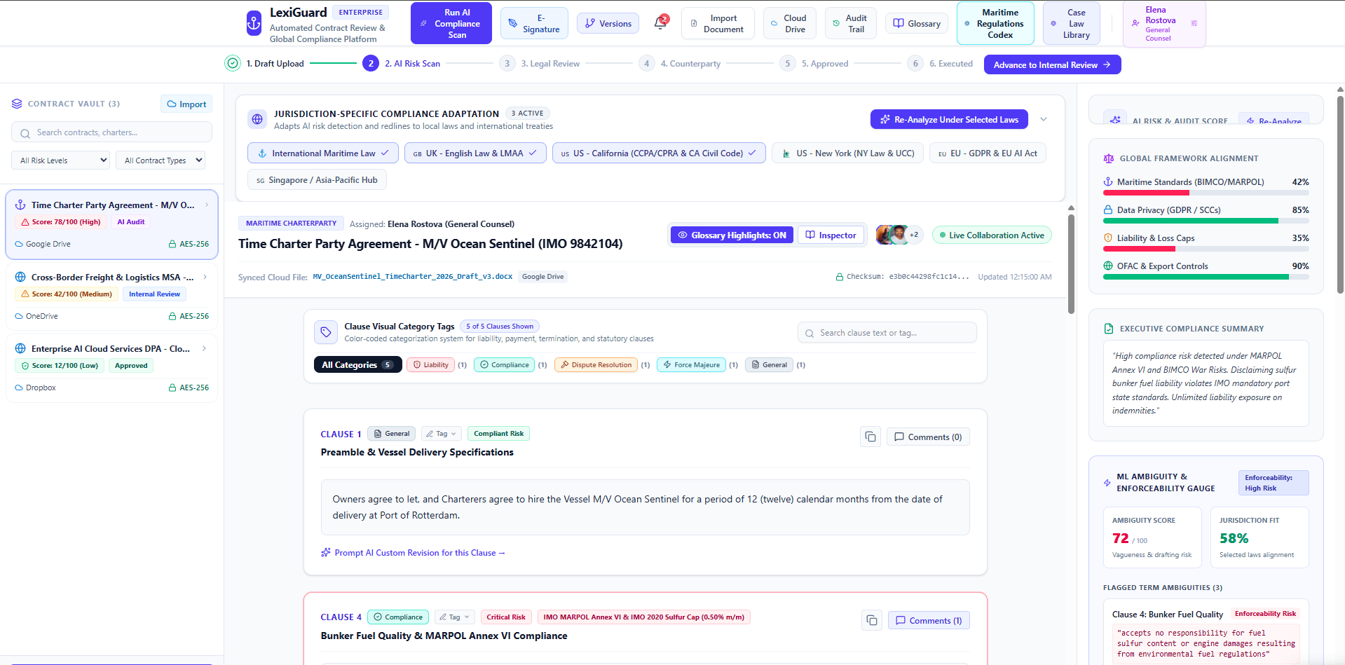 LegalTek contract review workspace with jurisdiction controls, clause analysis, and compliance risk scores