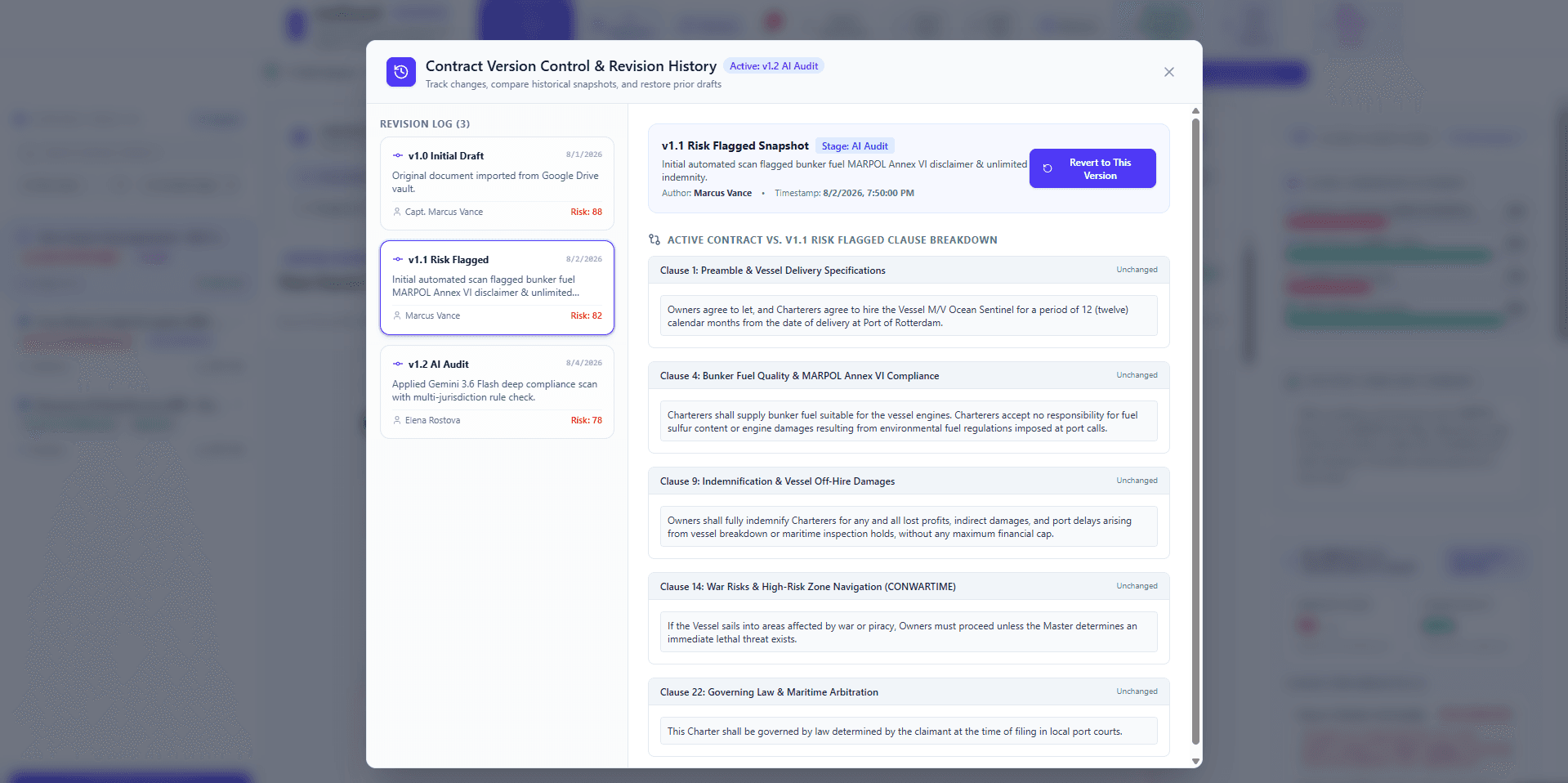 LegalTek contract version history with revision snapshots and clause comparisons