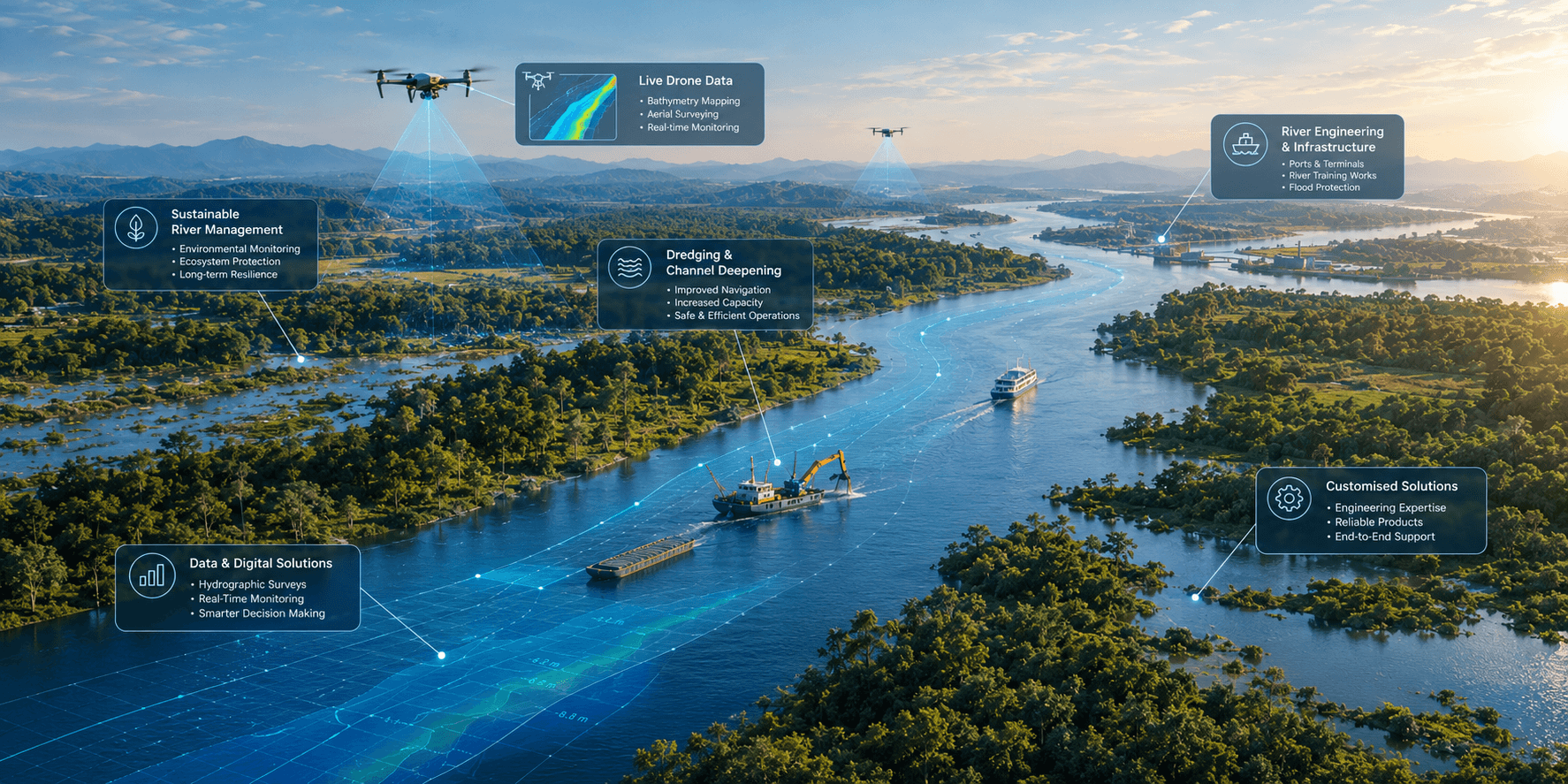 Smart River Monitoring Aerial Infographic showing river monitoring, telemetry, and engineering platforms